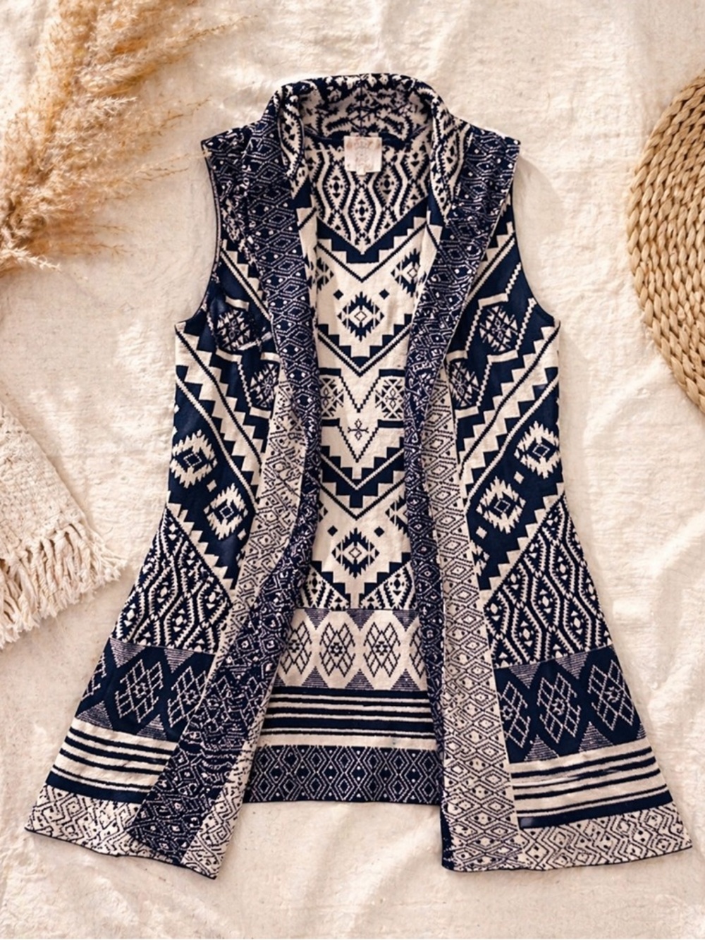 Hippie Rose Navy Blue & Cream Aztec Pattern Opened Vest